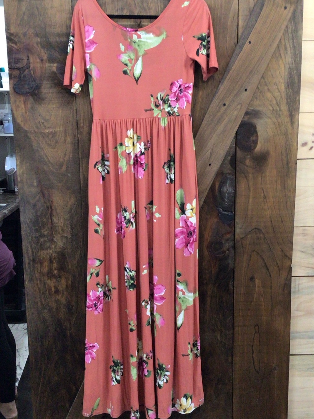 Floral Maxi Dress in Coral with Pink Blooms